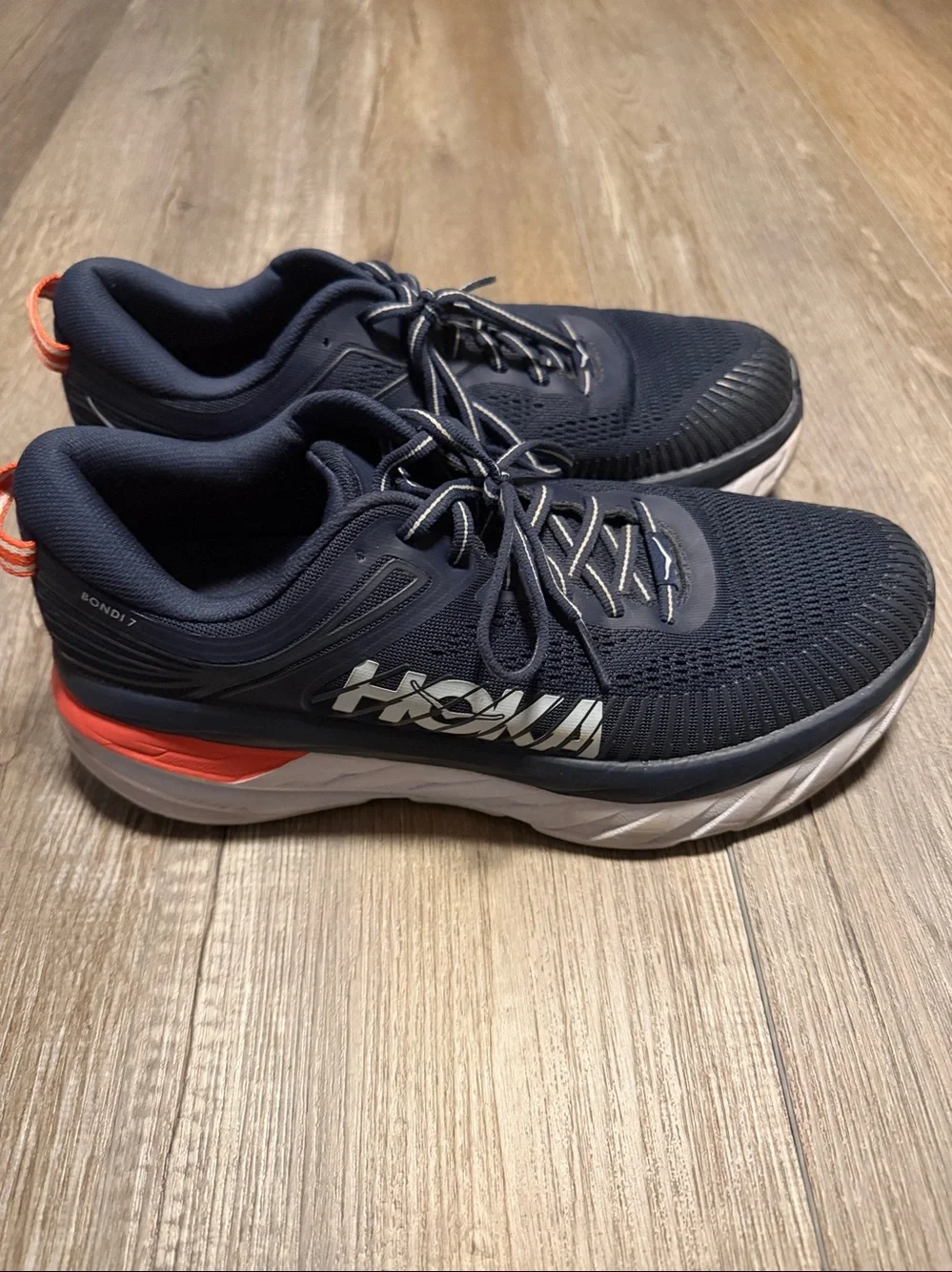 Hoka Bondi 7 Navy Athletic Shoes with Coral Accent